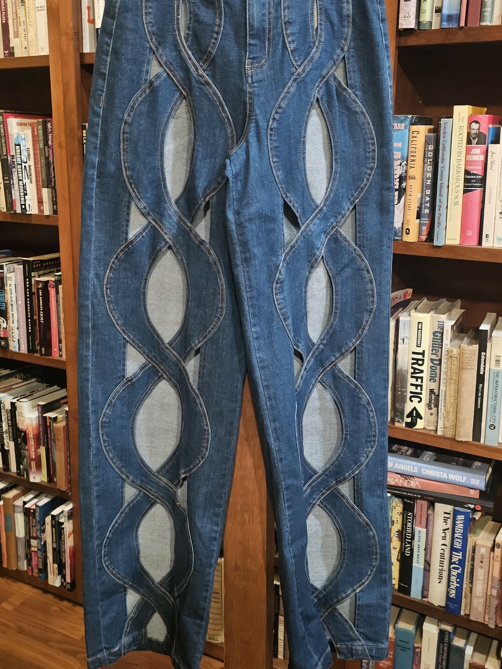 Blue Patchwork Flare Jeans with Wave Cutouts